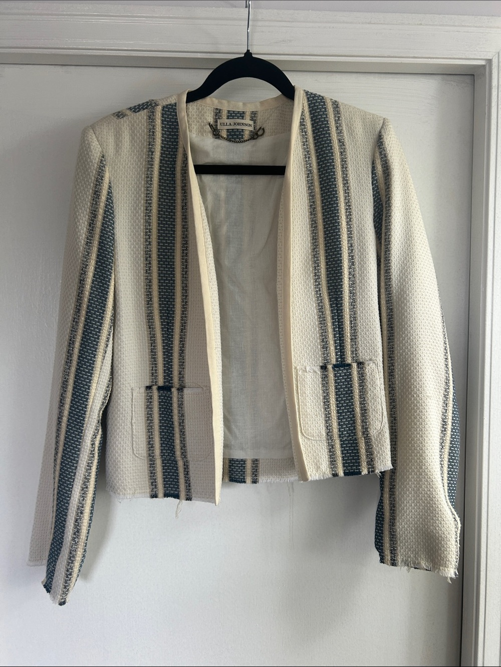 Ulla Johnson Cream and Blue Striped Open-Front Blazer